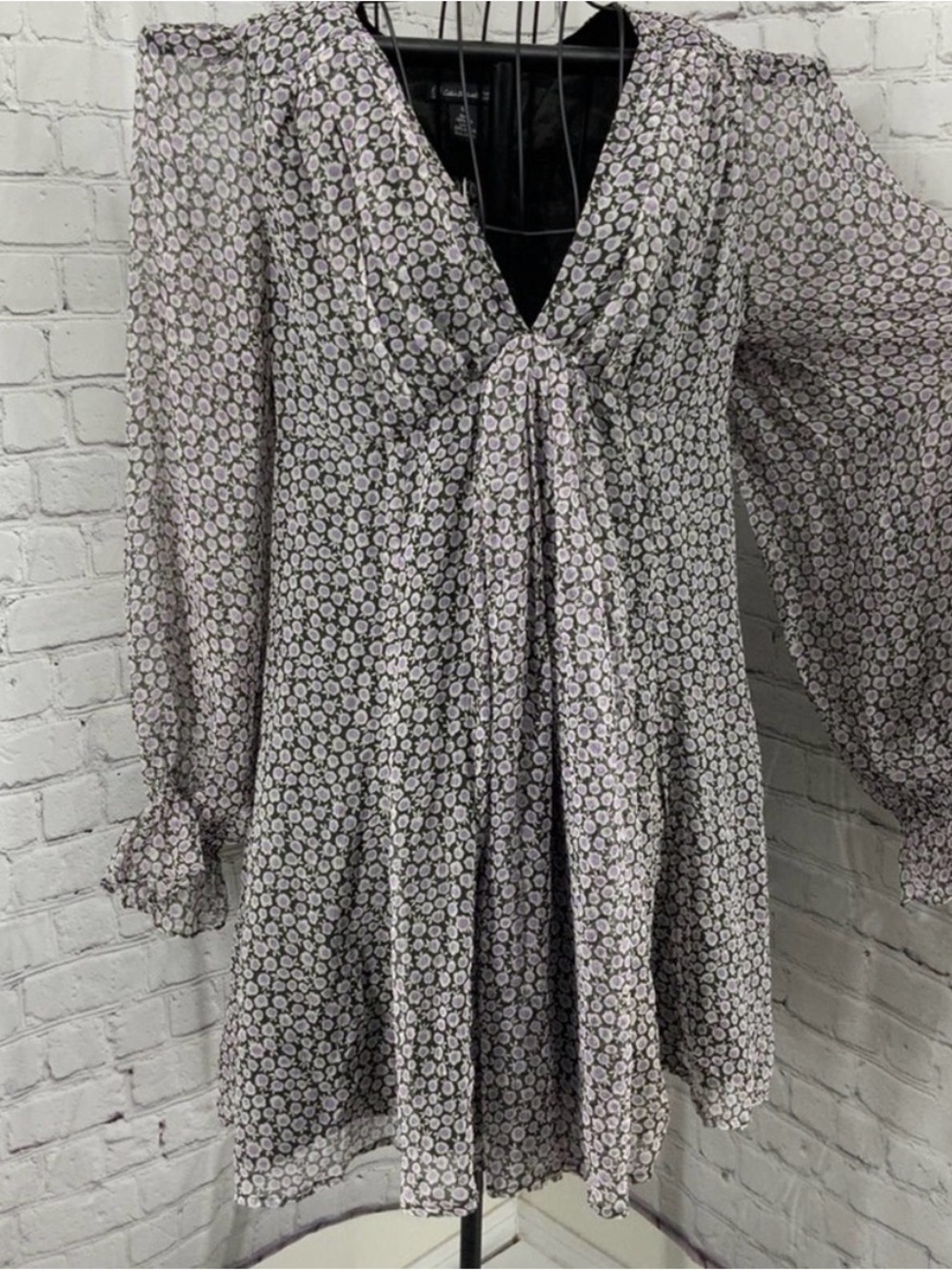 Celia Birtwell vintage silk Lavender Floral V-Neck Long Sleeve Babydoll Dress